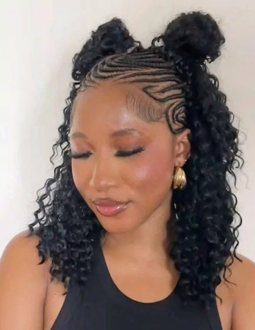 Half-Up Curly Space Buns with Braided Details