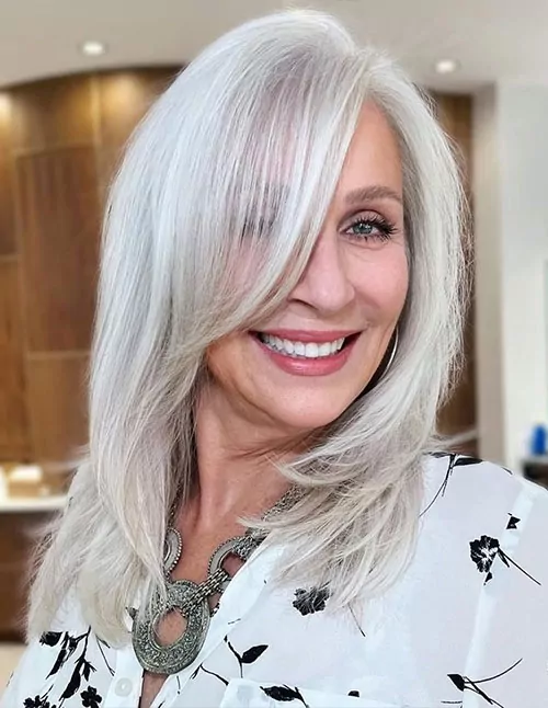 Long Silver Layers with Side-Swept Bangs