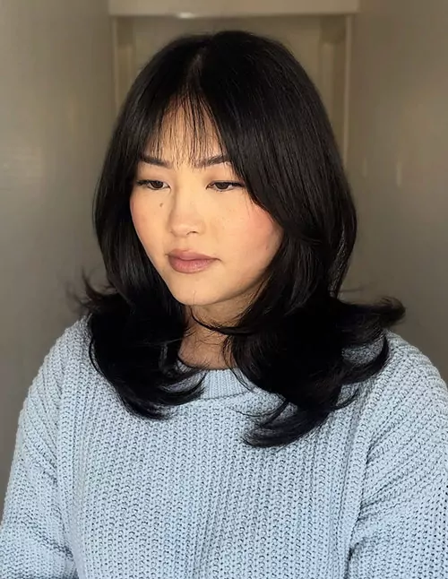Medium-Length Layers with Wispy Bangs on Dark Hair