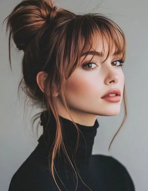 Messy High Bun with Soft Wispy Bangs