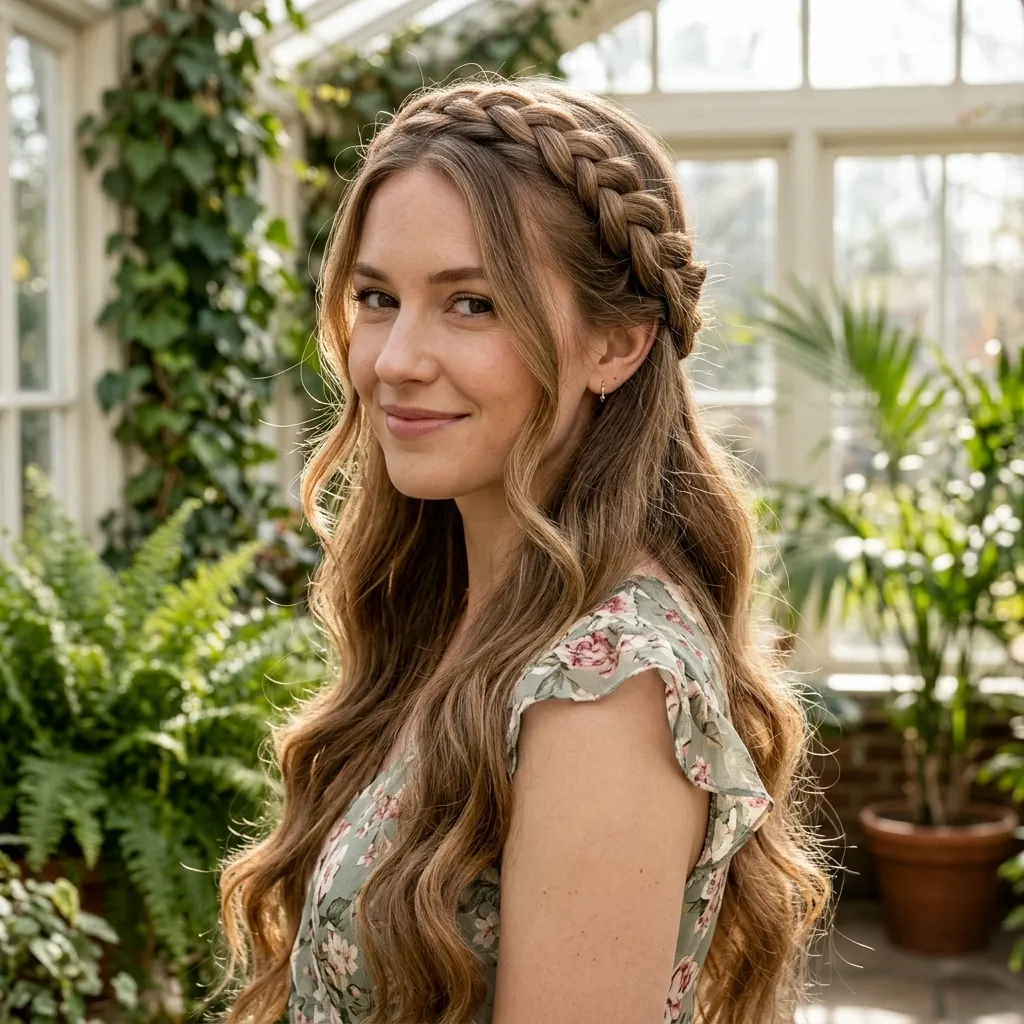 Woman with a braided-hair headband and hair worn down in loose waves