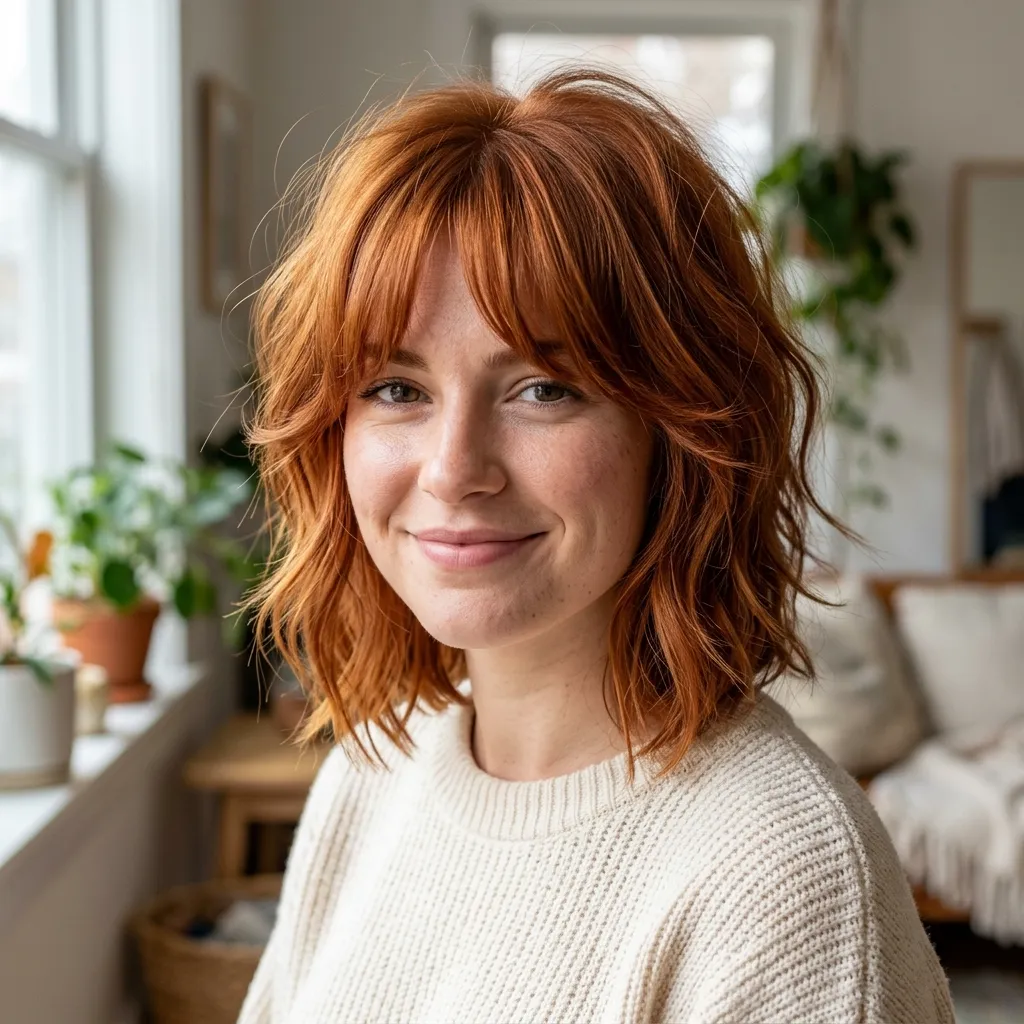 Copper Layered Short Shag with Curtain Bangs