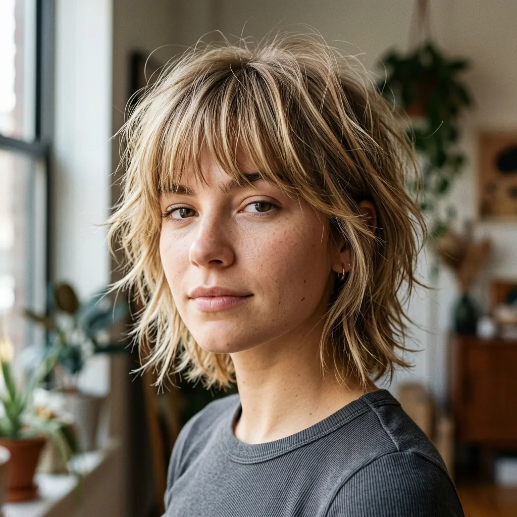 Blonde Choppy Short Shag with Full Bangs