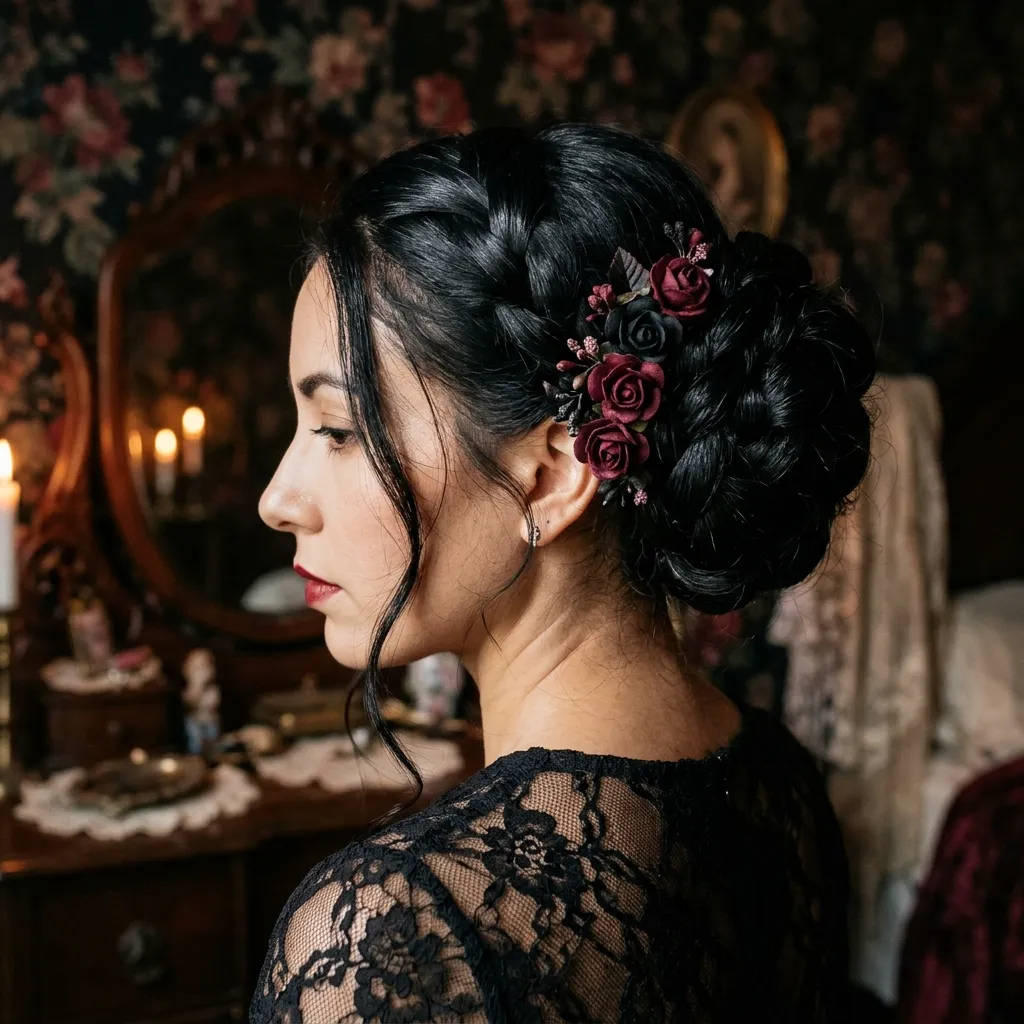Gothic Braided Bun with Roses