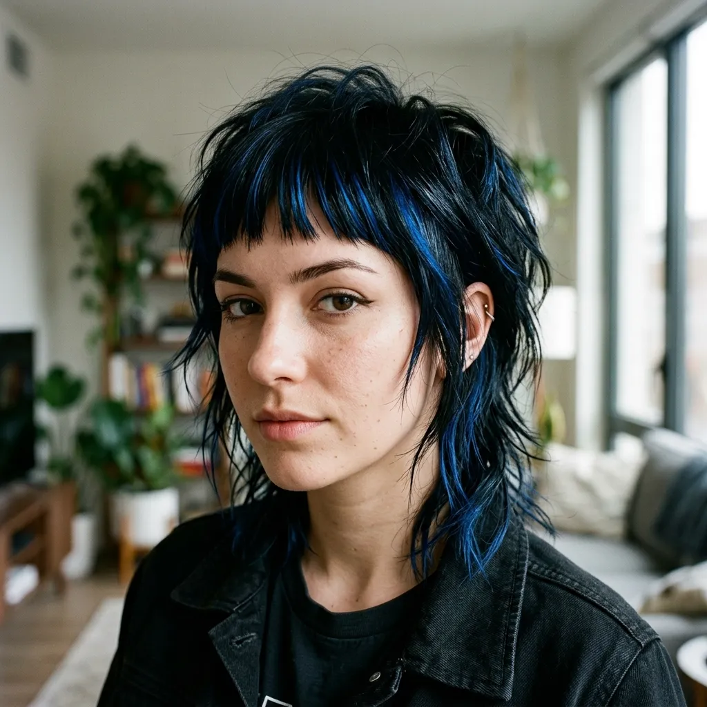 Edgy Blue and Black Short Shag with Micro Bangs