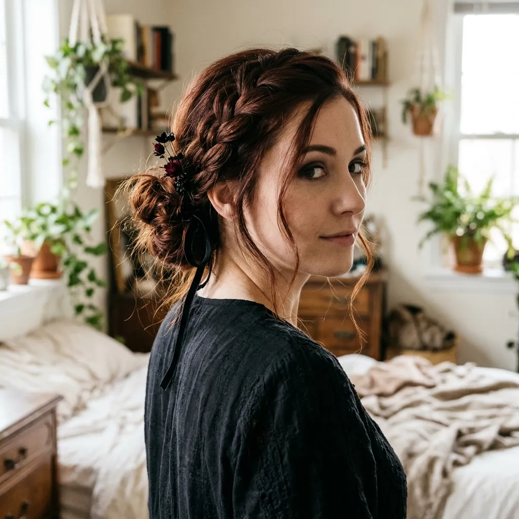 Woven Braid into a Tousled Bun
