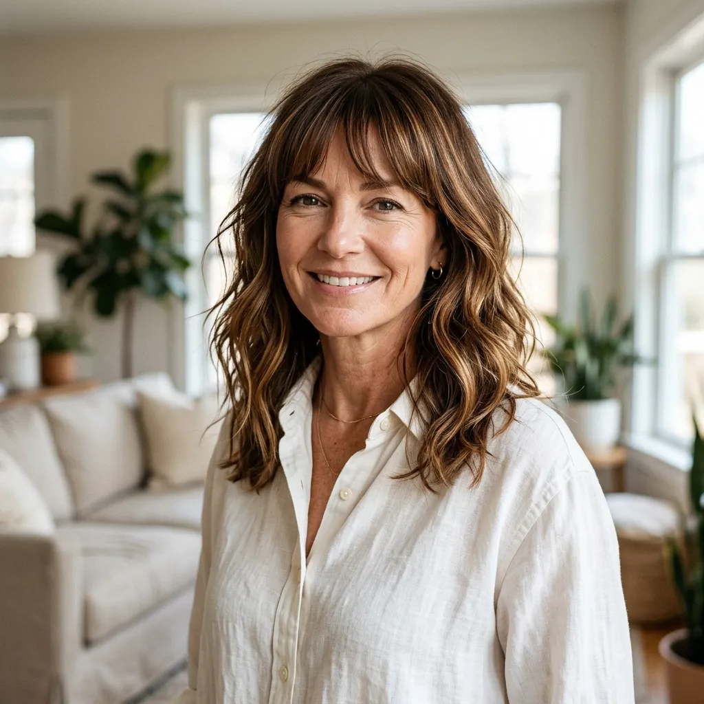 Beachy Medium Waves with Soft Bangs
