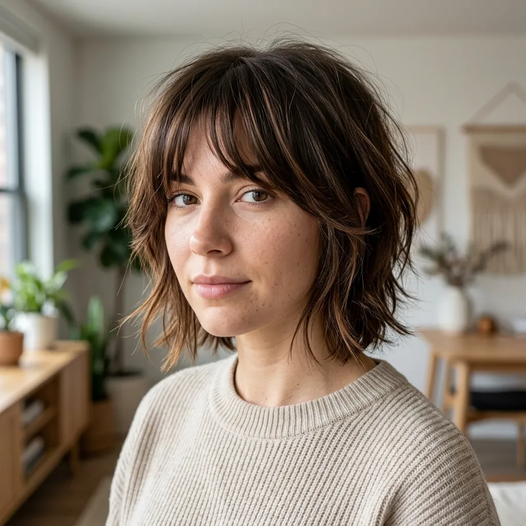 Textured Brunette Short Shag with Long Bangs