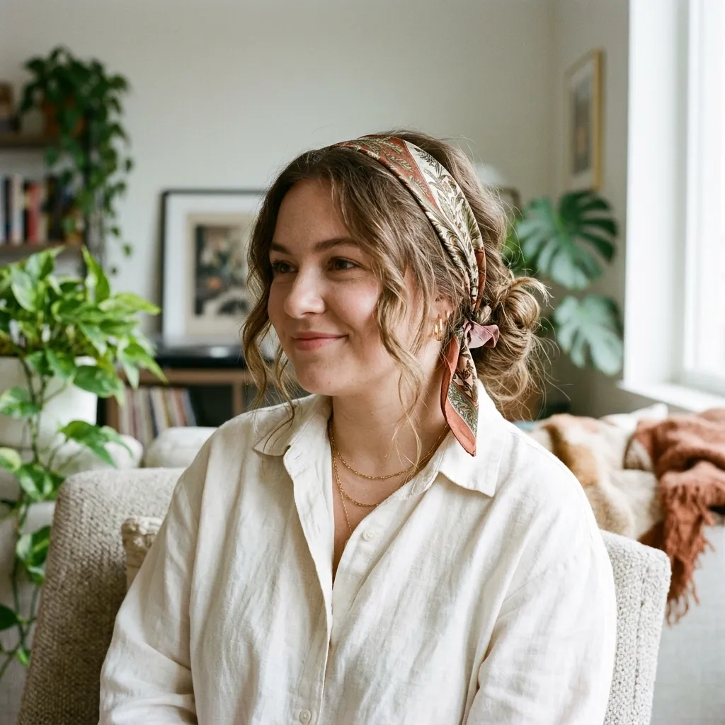 Wavy Updo with a Hair Scarf