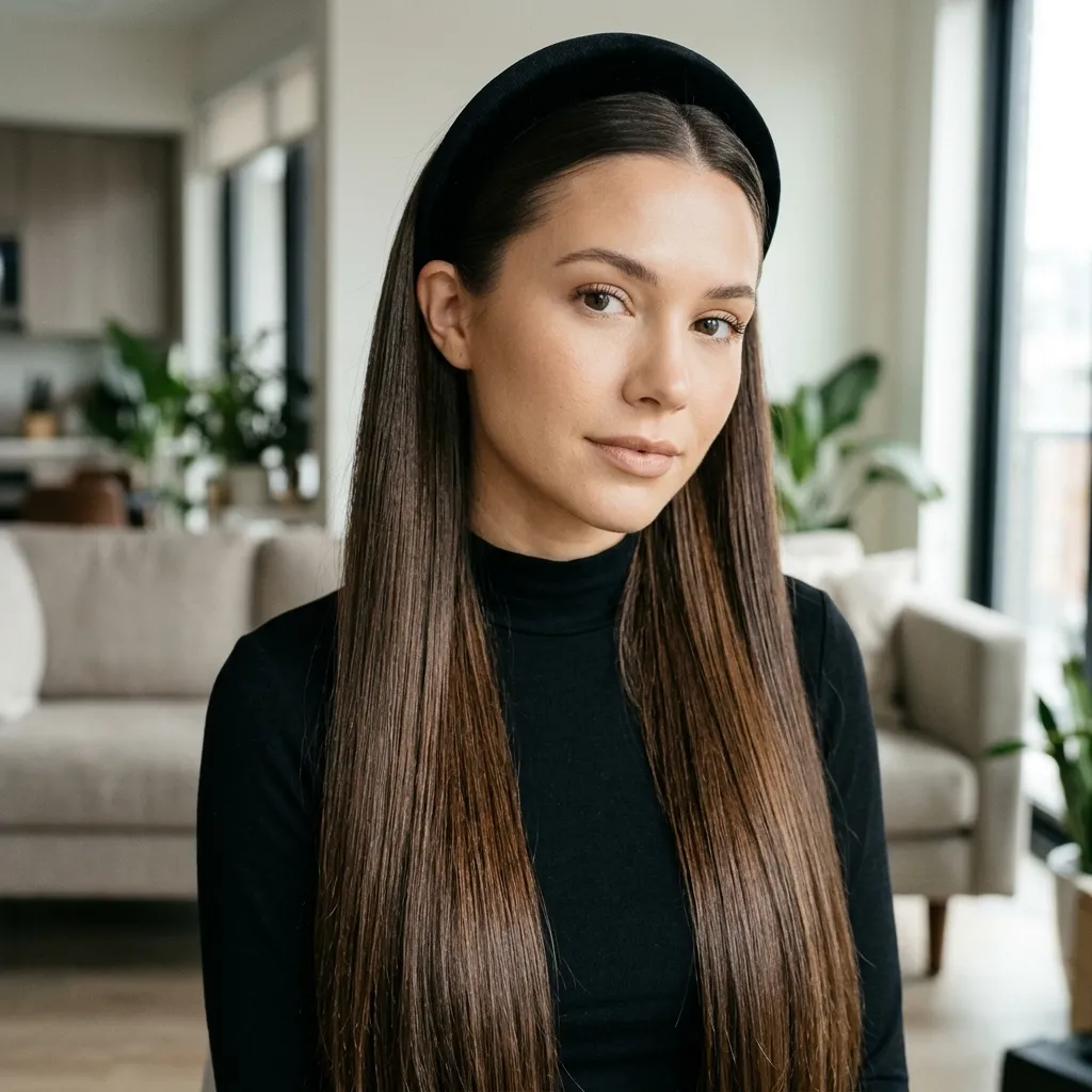 Woman wearing a wide padded headband with sleek straight long hair