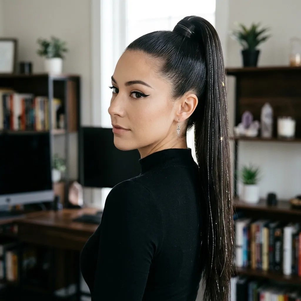 Sleek High Ponytail with Silver Threads