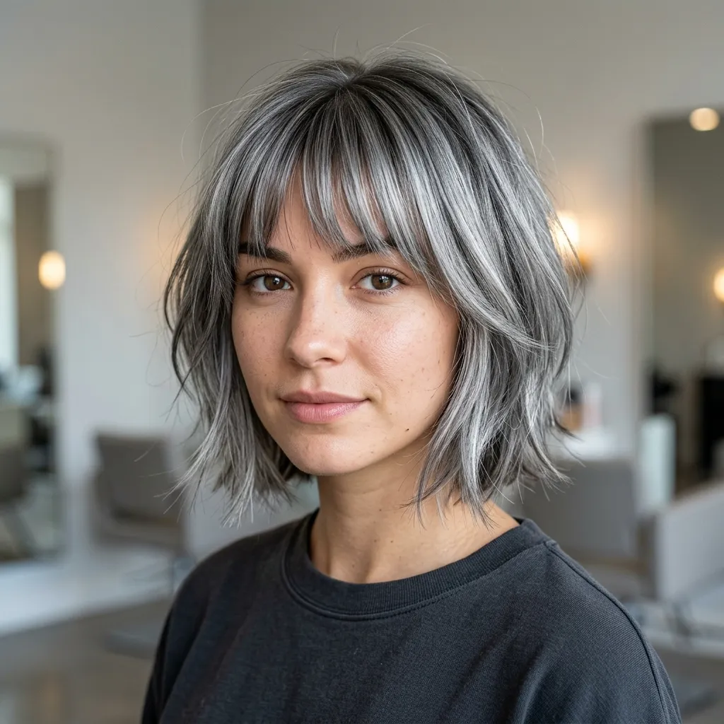 Silver Layered Bob with Bangs