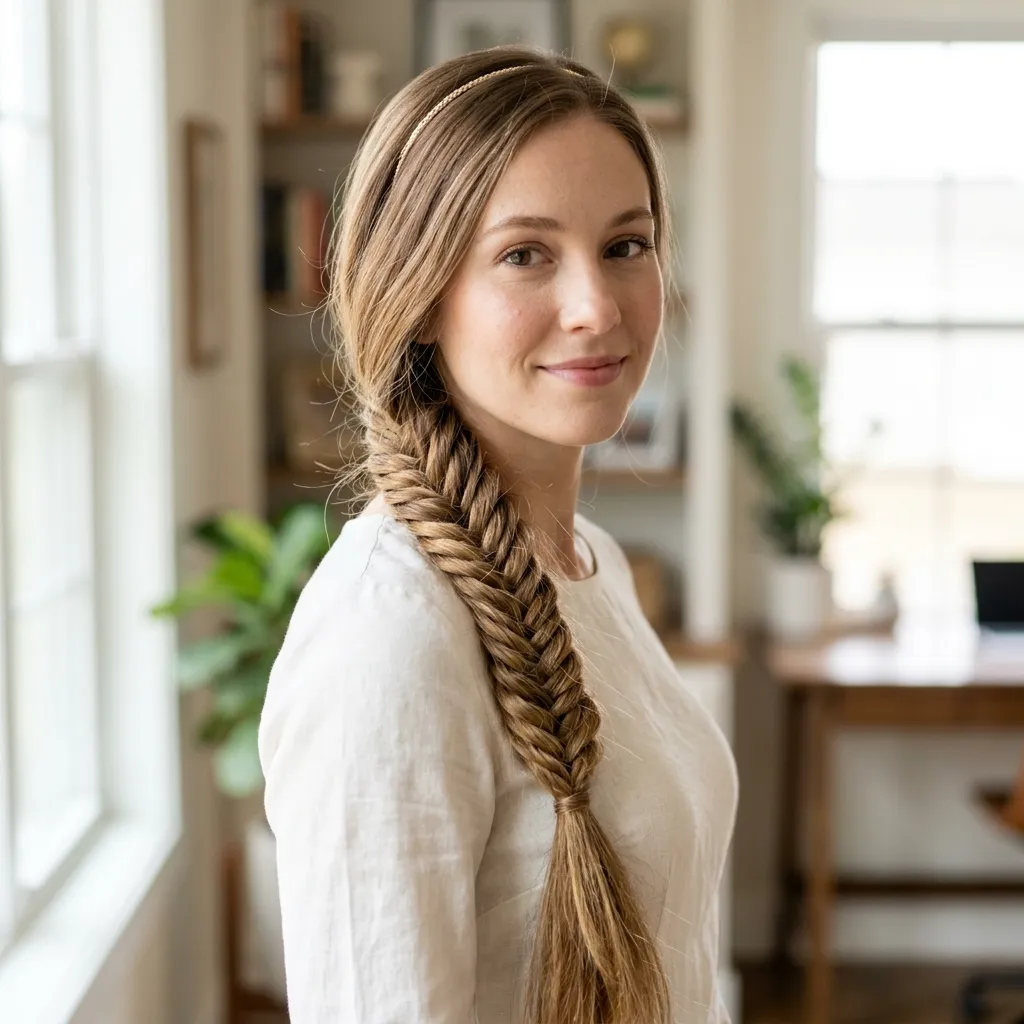 Thin Headband With a Long Fishtail Braid