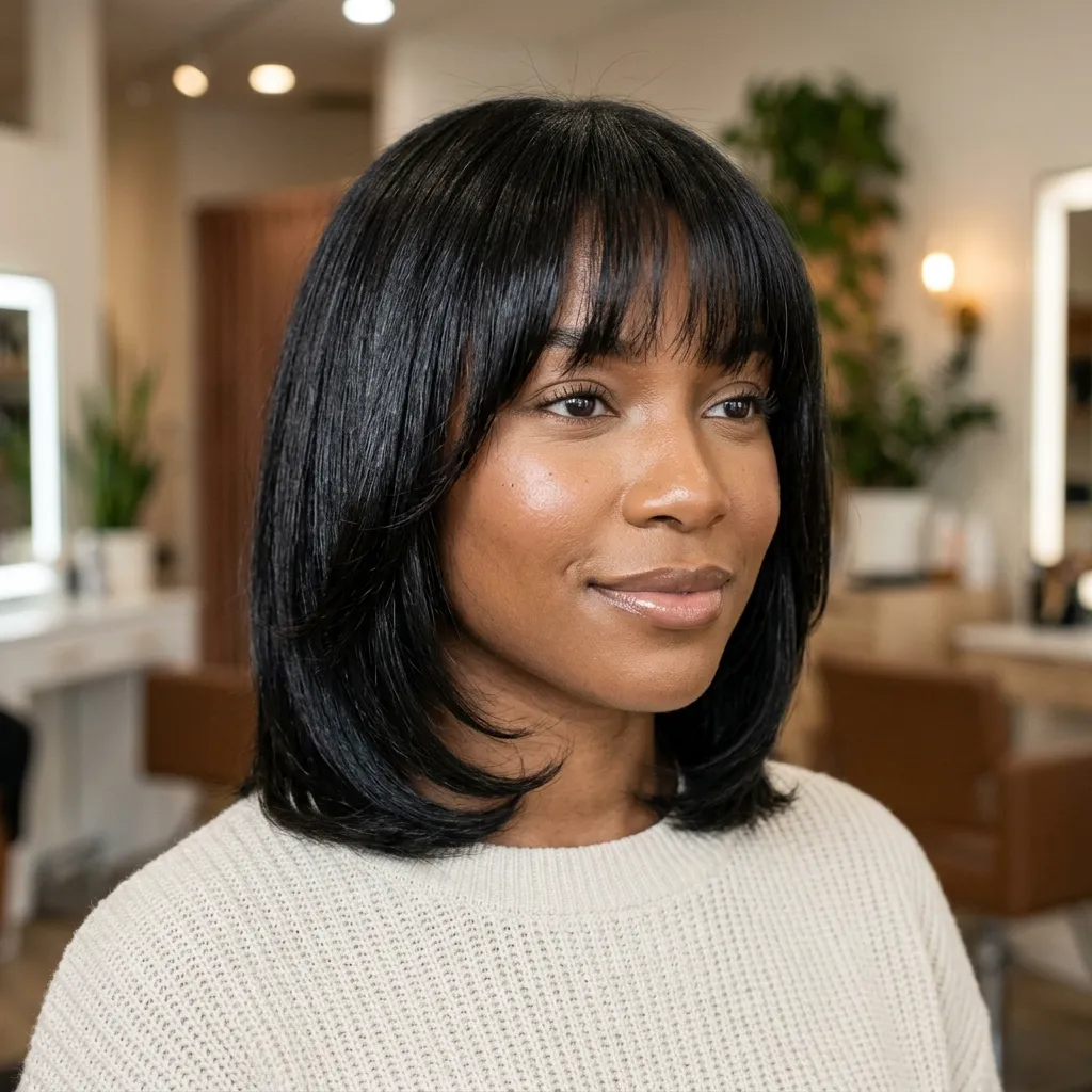Silk-Press Layered Bob with Bangs