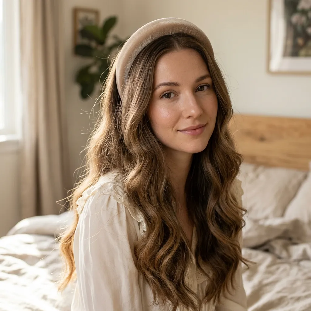 Woman wearing a padded headband with loose romantic waves down her back
