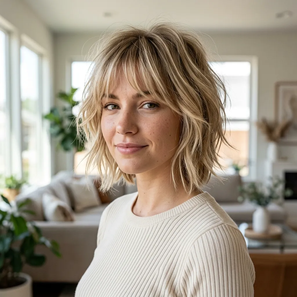 Tousled Blonde Short Shag with Bangs