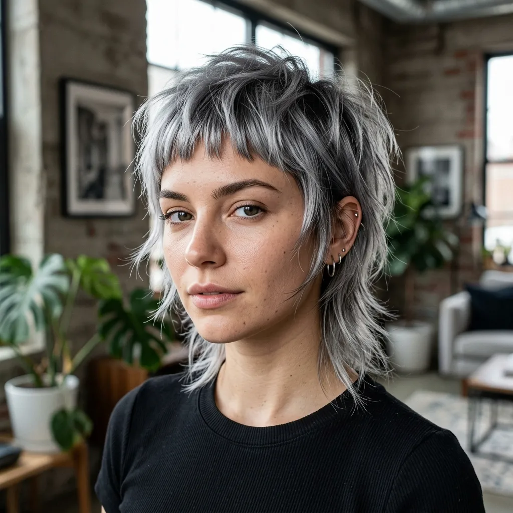 Silver Textured Short Shag with Micro Bangs