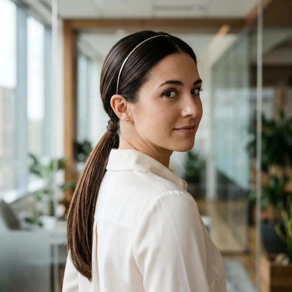Woman wearing a thin gold headband with a sleek low ponytail