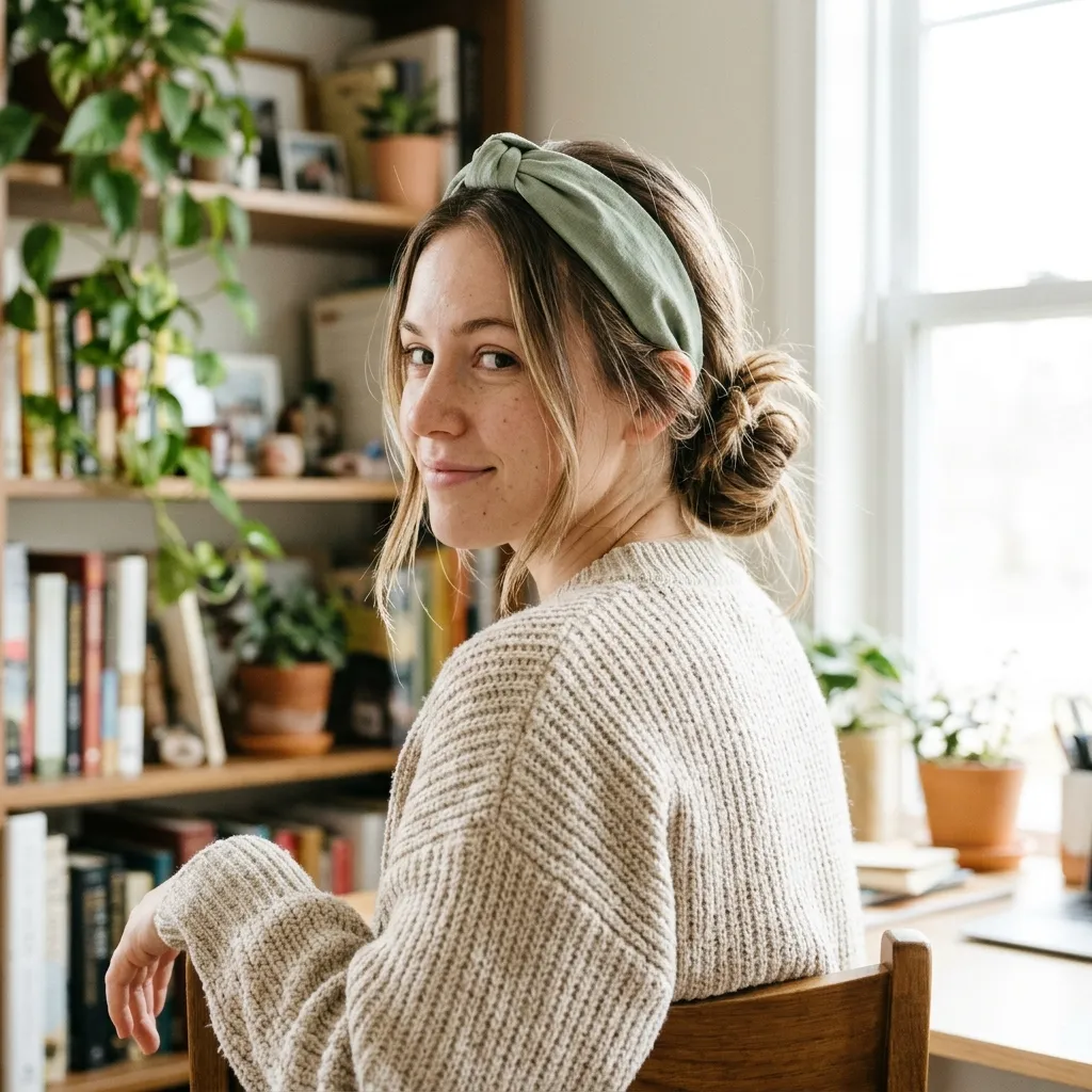 Woman wearing a knotted headband with a messy low bun
