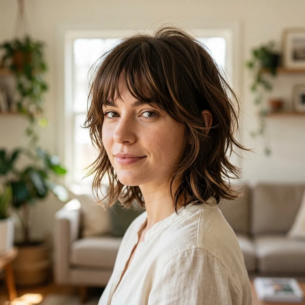 Layered Brunette Short Shag with Soft Bangs