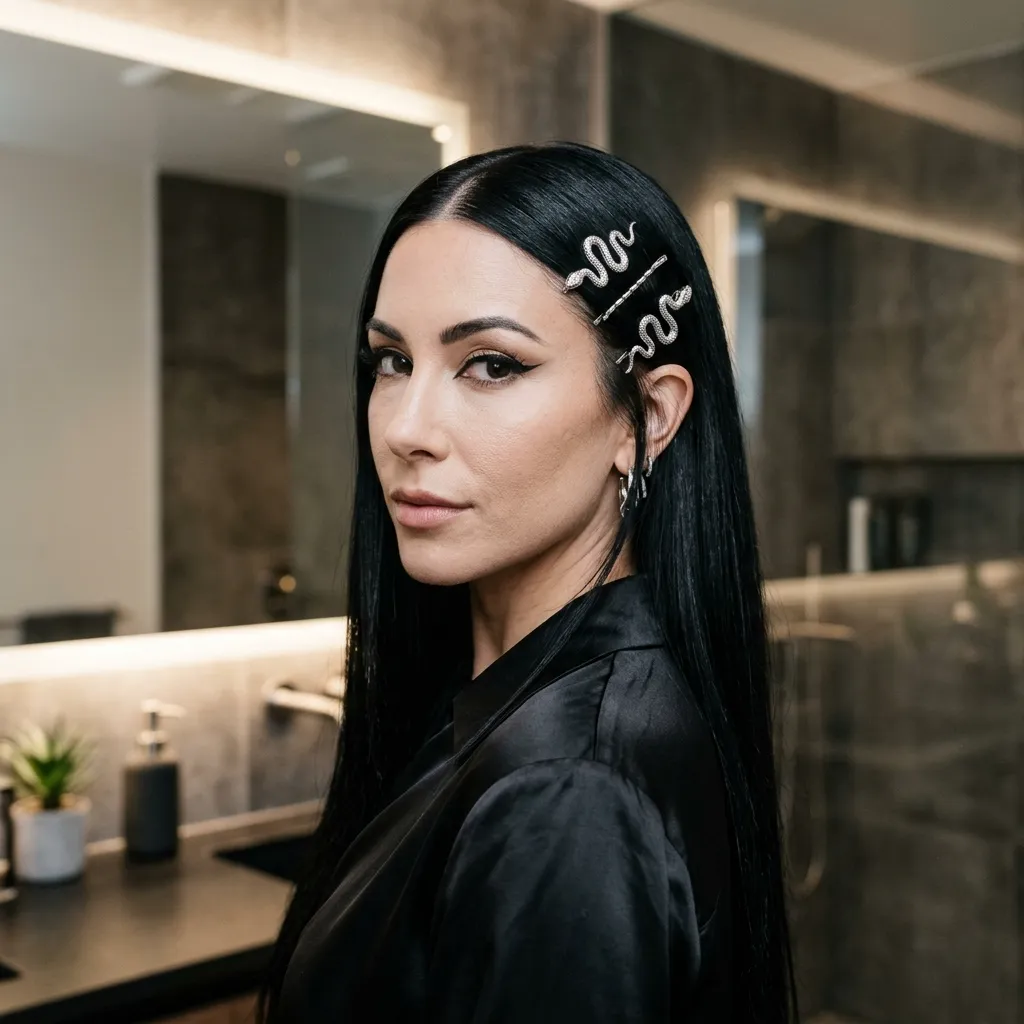 Sleek Black Hair with Snake Hairpins