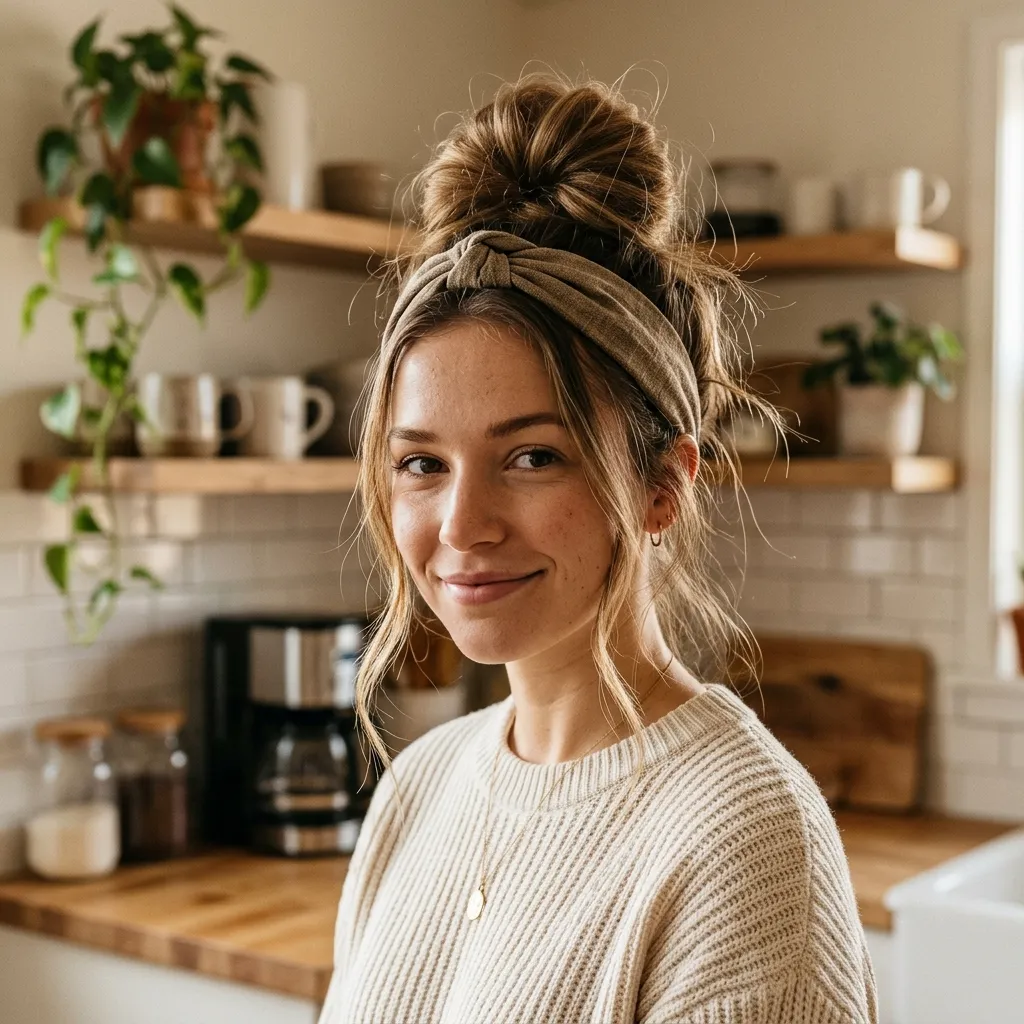 Woman wearing a top-knot headband with a high messy bun