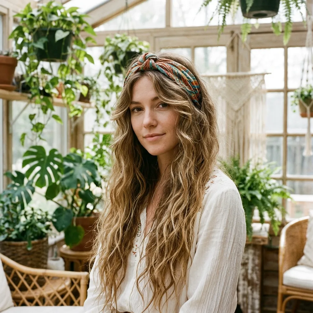 Woman wearing a scarf headband with boho beachy waves