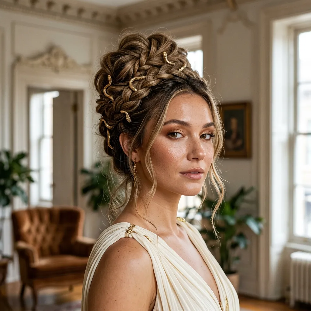 Braided Updo with Golden Snakes