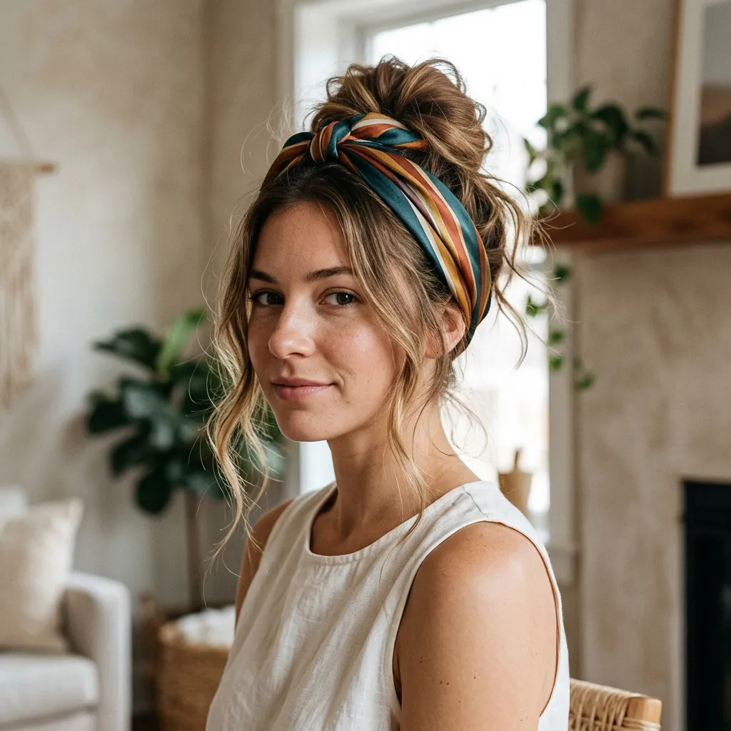 Woman with a silk scarf tied around a high tousled updo