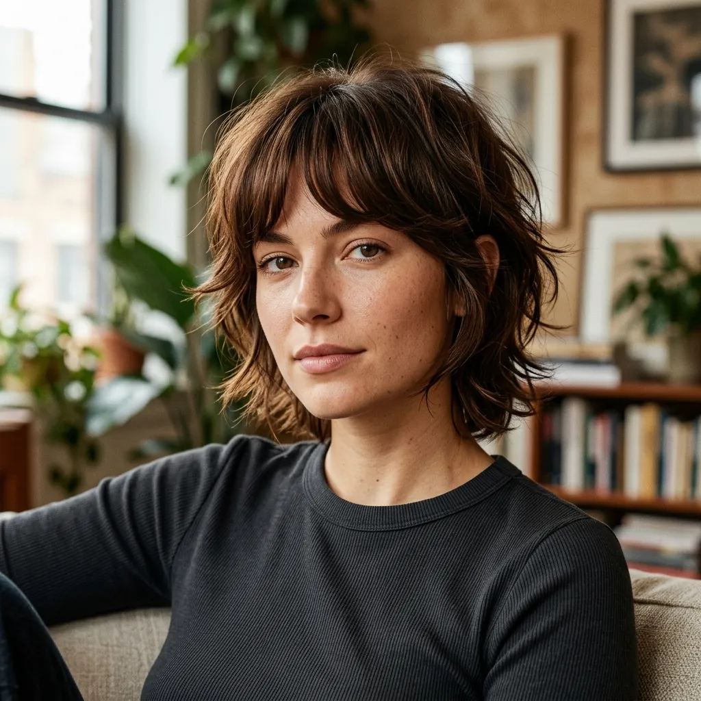 Textured Brunette Short Shag with Rounded Fringe