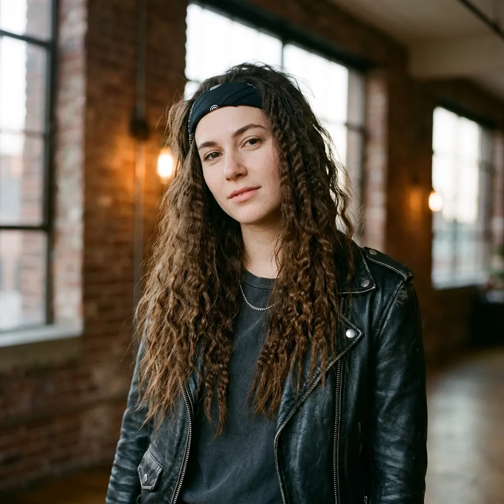 Woman wearing a folded bandana headband with crimped waves