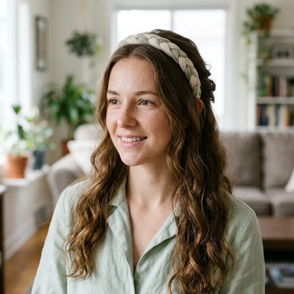 Woman wearing a braided fabric headband with half-up hair