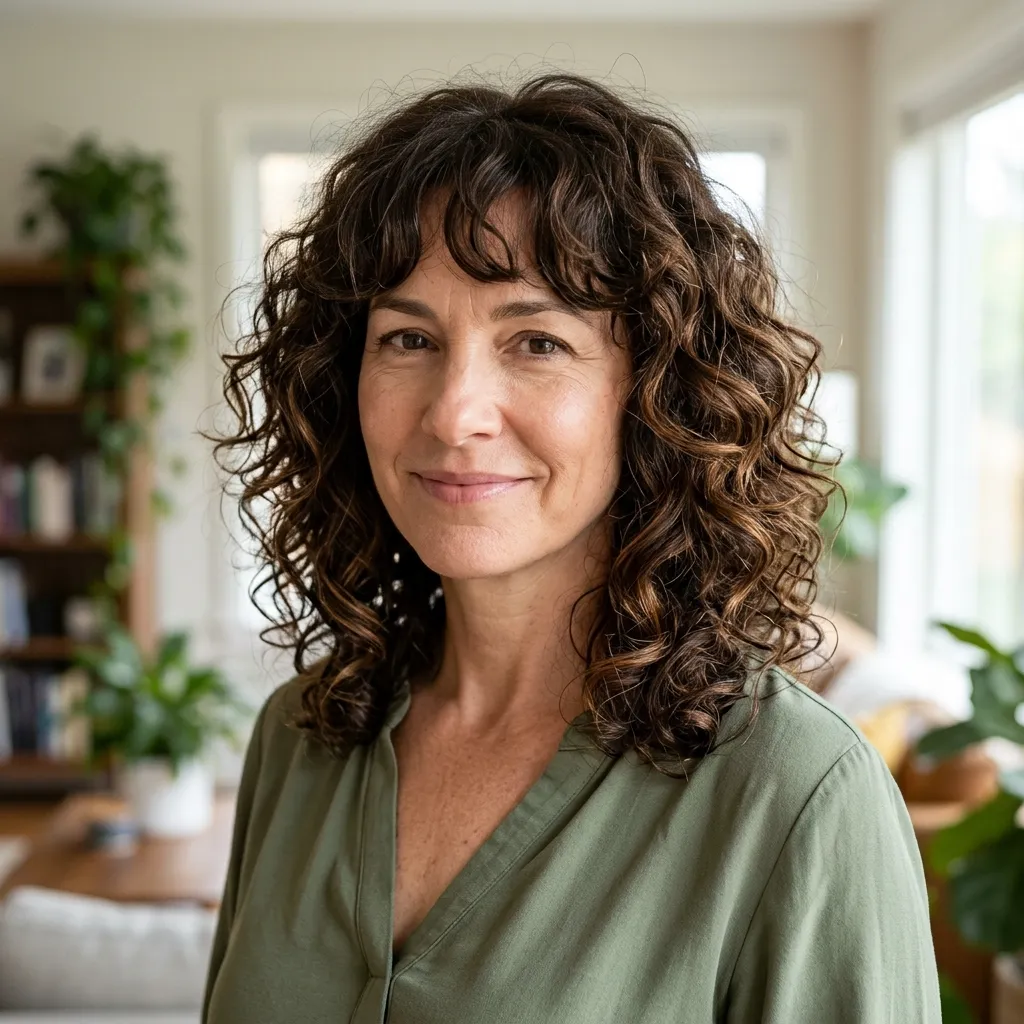 Shoulder-Length Curls with Soft Bangs