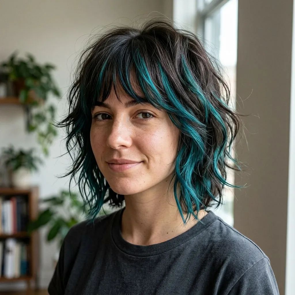 Wavy Teal-Accented Short Shag