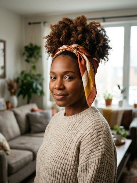 Chestnut High Puff With a Scarf